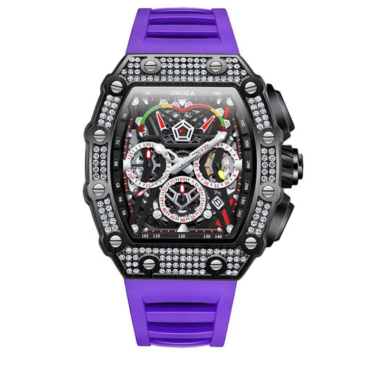 men’s automatic skeleton watch with purple silicone strap, black tonneau case and crystal-set bezel, luxury sport design