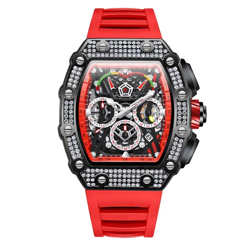 men’s automatic skeleton watch with red strap and black case, crystal-set bezel, bold luxury sport design
