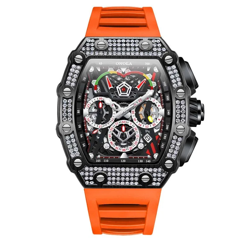men’s automatic skeleton watch with orange strap and black case, crystal-set bezel, bold luxury sport design
