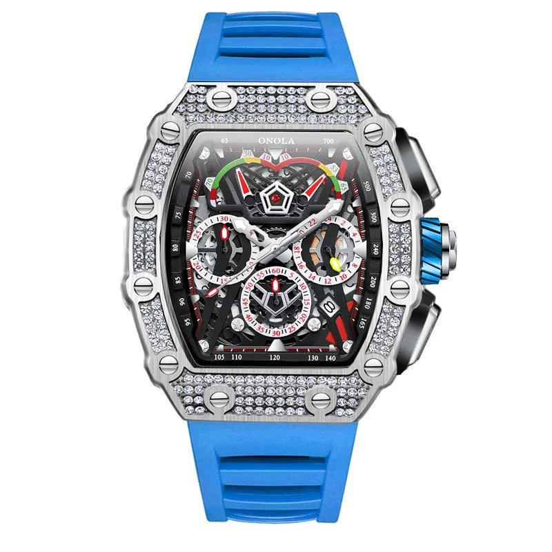 men’s automatic skeleton watch with blue strap and silver case, crystal-set bezel, bold luxury sport design