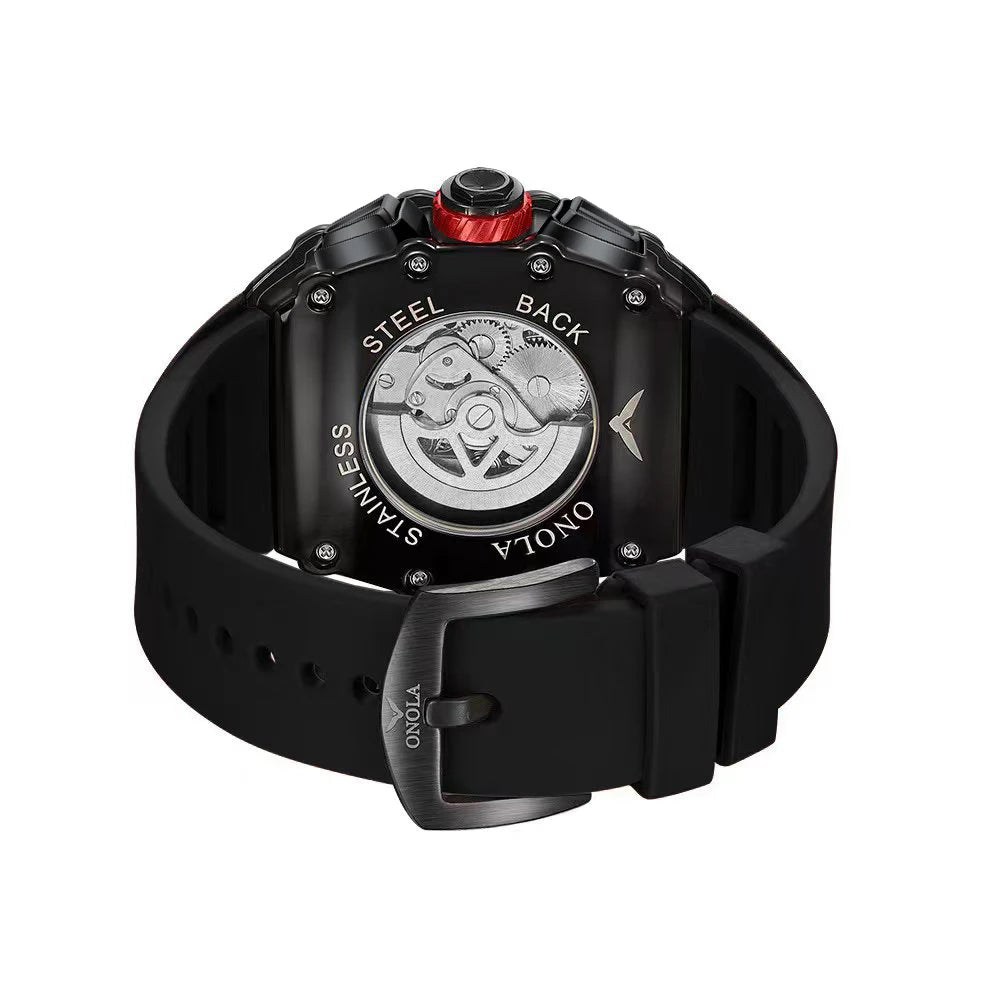 men’s automatic skeleton watch back view with visible mechanical movement, stainless steel caseback, black silicone strap, luxury design