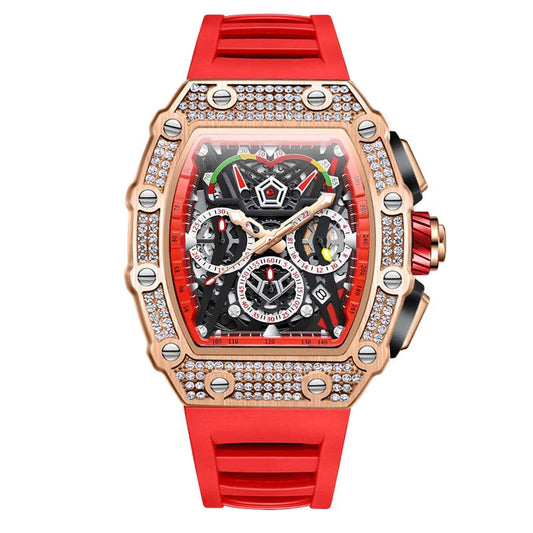 men’s automatic skeleton watch with red silicone strap, rose gold tonneau case and crystal-set bezel, luxury sport design