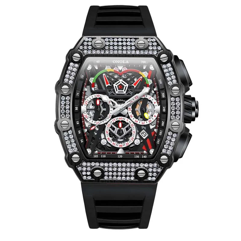 men’s automatic skeleton watch with black silicone strap, black tonneau case and crystal-set bezel, luxury sport design
