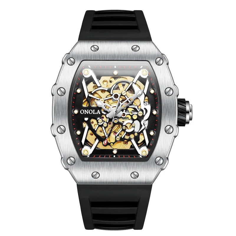 Men’s automatic skeleton watch with silver tonneau case, black strap, exposed mechanical movement, tourbillon-style architecture, avant-garde design, front view