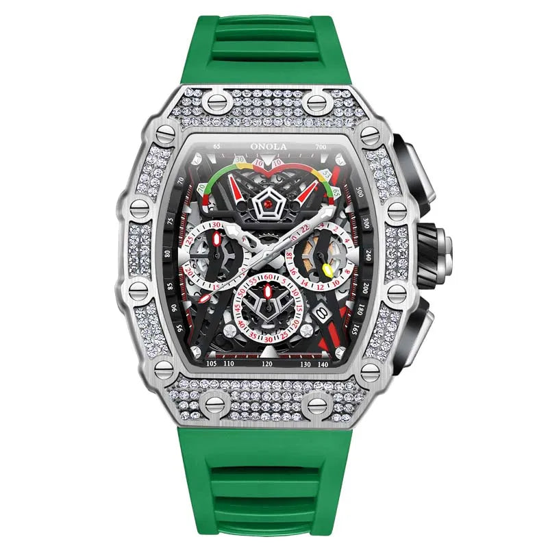 men’s automatic skeleton watch with green silicone strap, silver tonneau case and crystal-set bezel, luxury sport design