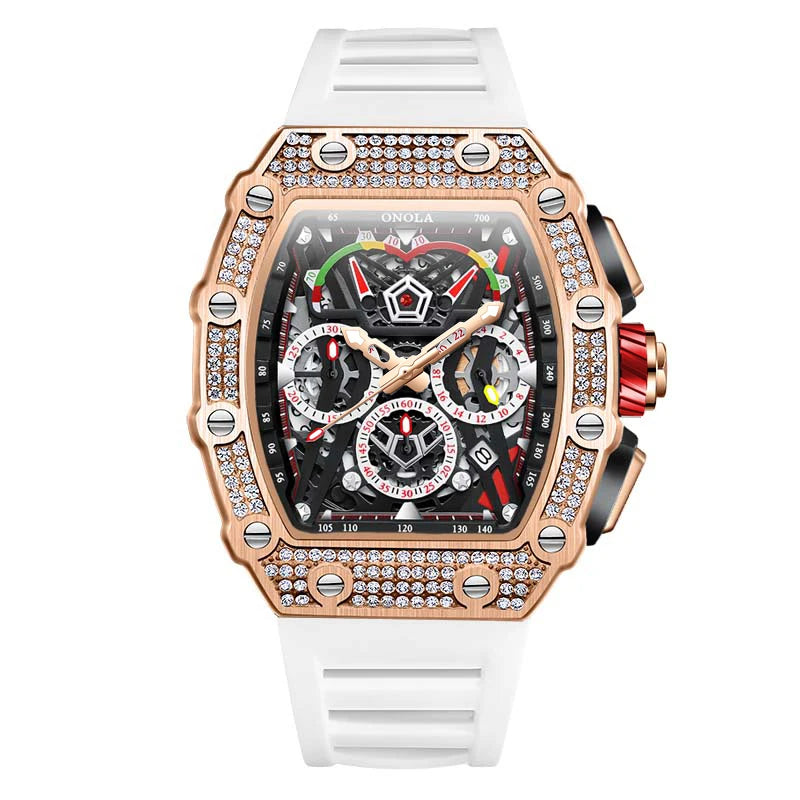 men’s automatic skeleton watch with white strap and rose gold case, crystal-set bezel, bold luxury sport design