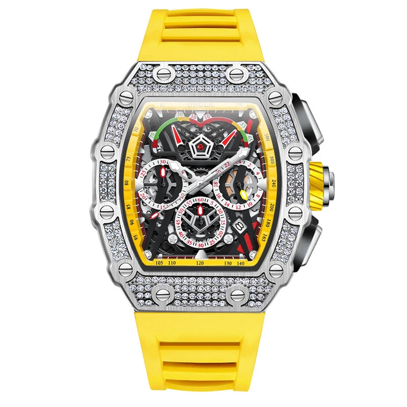 men’s automatic skeleton watch with yellow strap and silver case, crystal-set bezel, bold luxury sport design