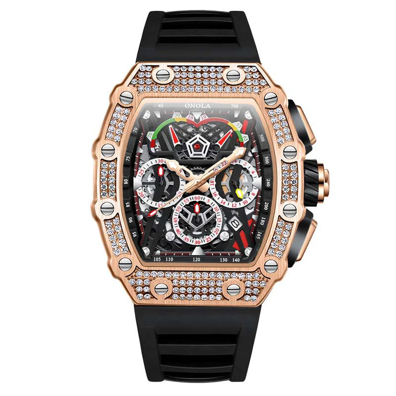 men’s automatic skeleton watch with black strap and rose gold case, crystal-set bezel, bold luxury sport design