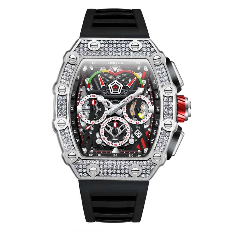 men’s automatic skeleton watch with black strap and silver case, crystal-set bezel, bold luxury sport design