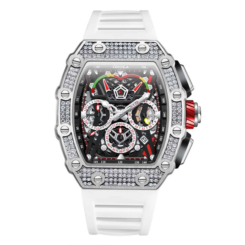 men’s automatic skeleton watch with white strap and silver case, crystal-set bezel, bold luxury sport design